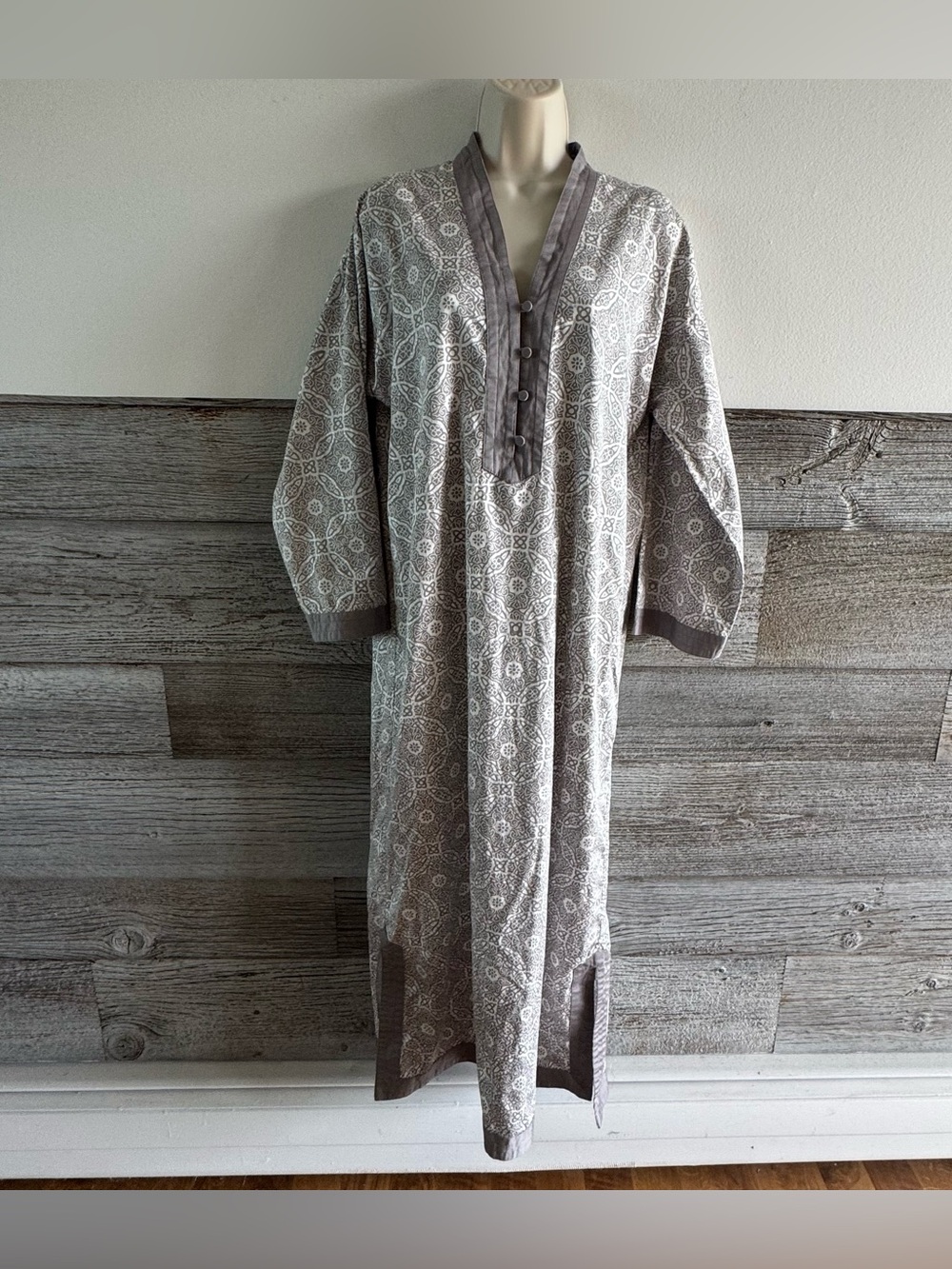 I. Magnin Women’s Cotton Caftan House Dress Lounge Gown Gray White Size S